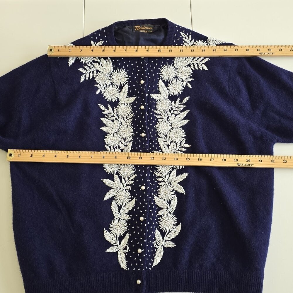Vtg Embellished Beaded 1960s Cardigan Womens 44 L Blue Lined Floral Art To Wear - Picture 4 of 16